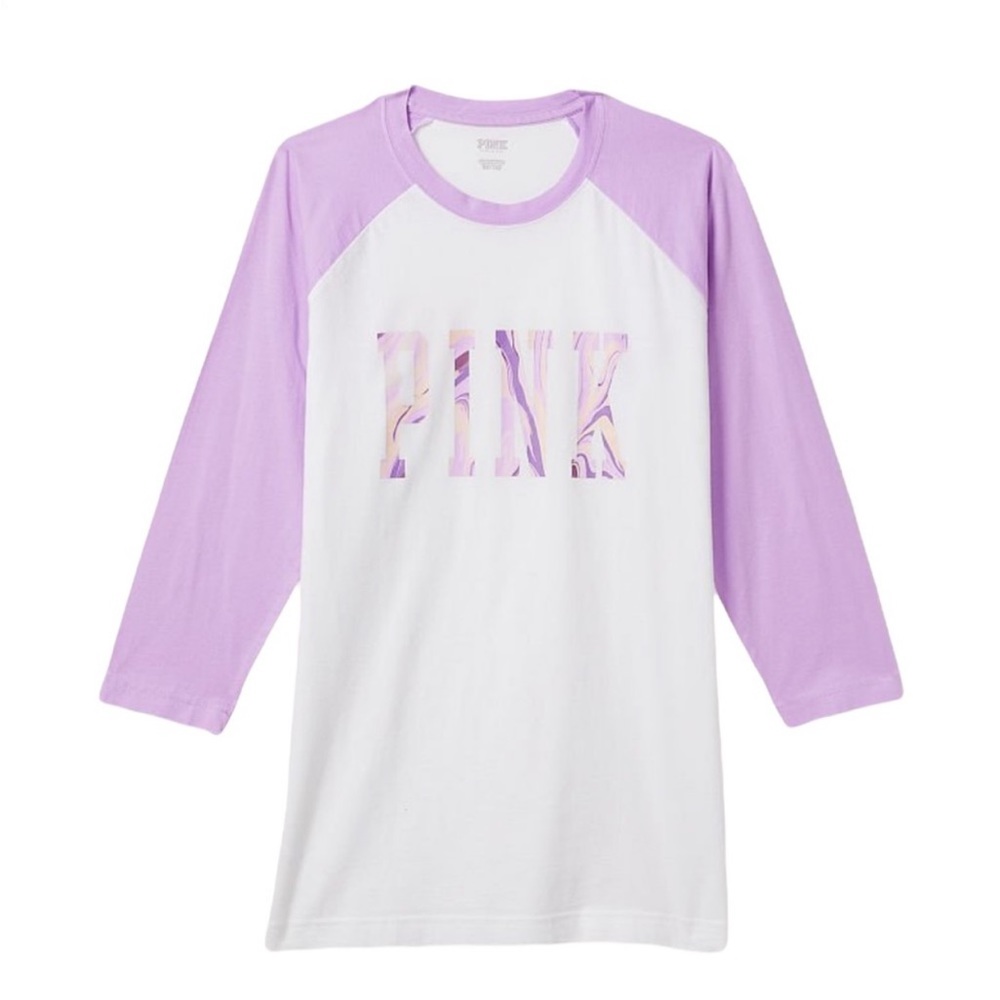 Victoria’s Secret NWT PINK Campus Baseball Tee Jersey size S Purple Marble Logo